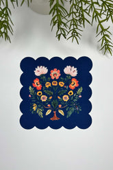Navy Blue Ground Oriental Floral Pattern Laser Cut Cocktail Napkin 1 Piece